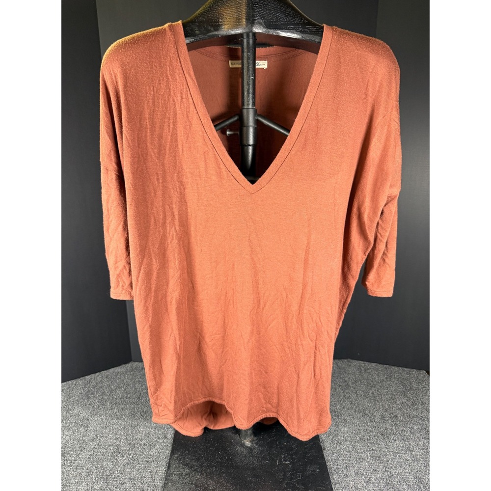 Express One Eleven Womens Medium Rust V-Neck High Low 3/4 Sleeve Slub Top